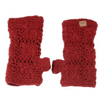 Preview: Rote Pulswärmer Stulpen handgestrickt mit Blumenmuster 100% Schafswolle Handarbeit aus Nepal