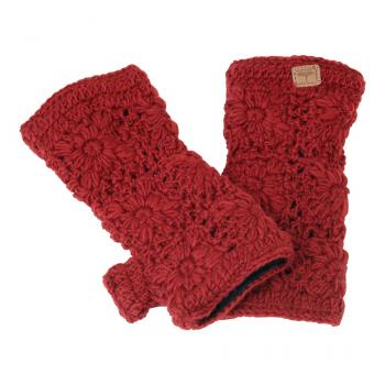 Rote Pulswärmer Stulpen handgestrickt mit Blumenmuster 100% Schafswolle Handarbeit aus Nepal