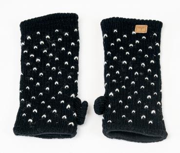 Preview: Schwarze Pulswärmer mit Muster Stulpen handgestrickt aus Nepal 100% Schafswolle