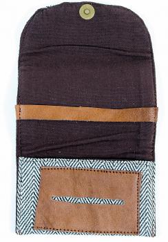 Preview: Grauer handgearbeiteter Tabaksbeutel Tasche aus Nepal robuste Baumwolle mit Büffelleder