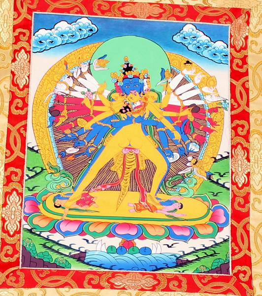 Kalachakra Shakti Thangka im blauen Brokatrahmen handgemalt Nepal Buddhismus