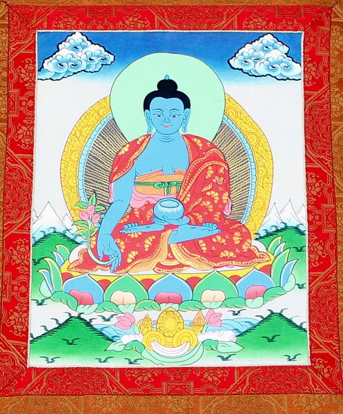 Thangka des Medizinbuddha im blauen Brokatrahmen handgemalt Nepal