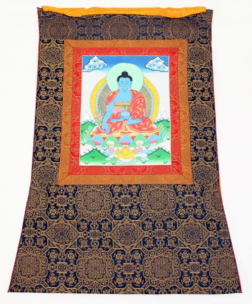 Thangka des Medizinbuddha im blauen Brokatrahmen handgemalt Nepal