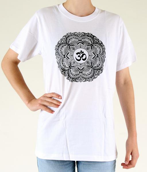 WEIßES OM MANDALA T-SHIRT GRÖßE XL AUS 100% BAUMWOLLE  NEPAL HANDBEDRUCKT