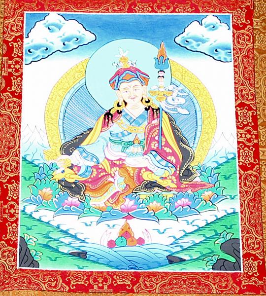 Thangka des Padmasambhava Buddha im roten Brokatrahmen handgemalt Nepal Nr.1