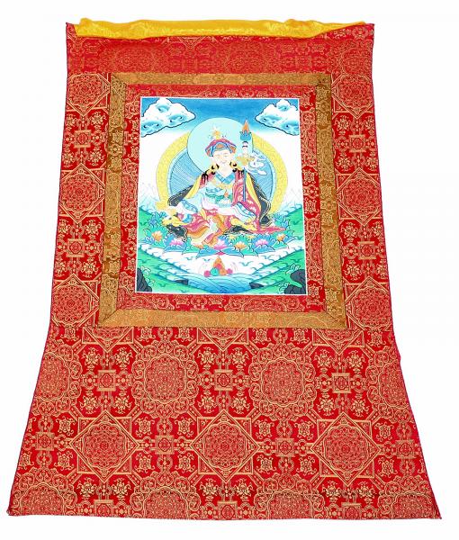 Thangka des Padmasambhava Buddha im roten Brokatrahmen handgemalt Nepal Nr.1