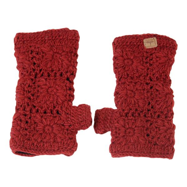 Rote Pulswärmer Stulpen handgestrickt mit Blumenmuster 100% Schafswolle Handarbeit aus Nepal