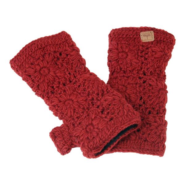 Rote Pulswärmer Stulpen handgestrickt mit Blumenmuster 100% Schafswolle Handarbeit aus Nepal