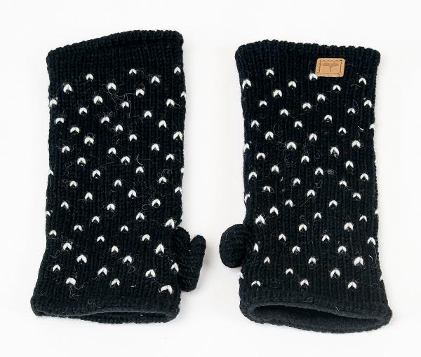 Schwarze Pulswärmer mit Muster Stulpen handgestrickt aus Nepal 100% Schafswolle