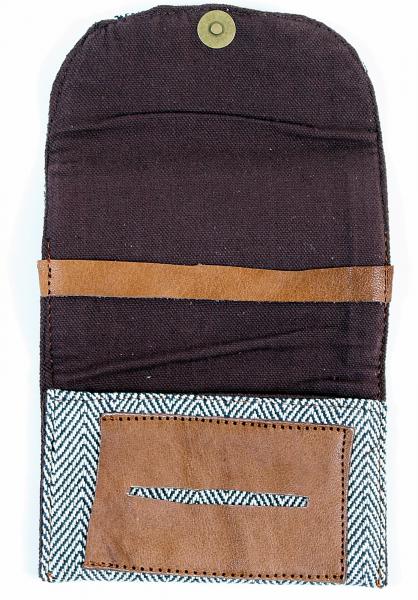 Grauer handgearbeiteter Tabaksbeutel Tasche aus Nepal robuste Baumwolle mit Büffelleder
