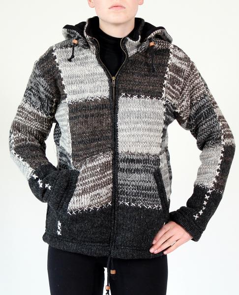 GRÖßE XL PATCHWORK WOLLJACKE 100% SCHAFSWOLLE HANDARBEIT AUS NEPAL