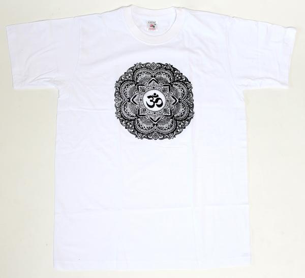 WEIßES OM MANDALA T-SHIRT GRÖßE XL AUS 100% BAUMWOLLE  NEPAL HANDBEDRUCKT